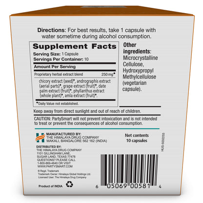 Himalaya PartySmart, One Capsule for a Better Morning After Drinking, Plant Based, Liver Support, Alcohol Breakdown, Clinically Studied, Non-GMO, Herbal Supplement, 10 Capsules - Nirvana Guru