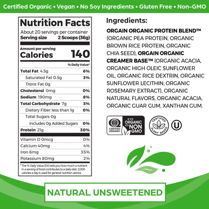 Orgain Organic Vegan Protein Powder, Vanilla Bean - 21g Plant Protein, 4g Prebiotic Fiber, No Lactose Ingredients, No Added Sugar, Non-GMO, For Shakes & Smoothies, 2.03 lb (Packaging May Vary)