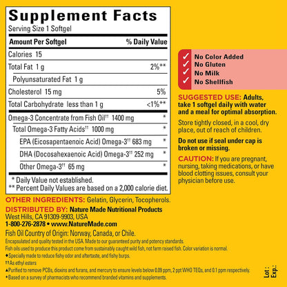 Nature Made Burp Less Ultra Omega 3 Fish Oil Supplements, 1400mg Fish Oil Omega 3 Supplements as Ethyl Esters for Healthy Heart Brain Eyes Support, One Per Day, 90 Softgels - Nirvana Guru