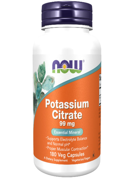 NOW Foods Supplements, Potassium Citrate 99 mg, Supports Electrolyte Balance and Normal pH*, Essential Mineral, 180 veg Capsules - Nirvana Guru