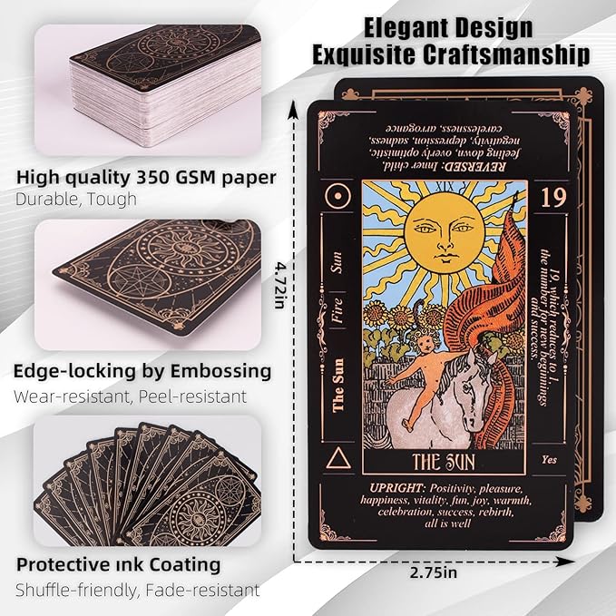 Tarot Cards for Beginners, Classic Tarot Cards with Meanings on Them, Durable Tarot Cards with Guide Book for Beginners (Black) nirvanaguru