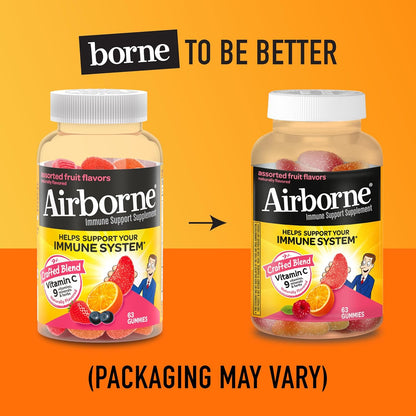 Vitamin C 750mg (per Serving) - Airborne Assorted Fruit Flavored Gummies (63 Count in a Bottle), Gluten-Free Immune Support Supplement with Vitamins A C E, Selenium, Echinacea & Ginger Nirvana Guru