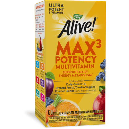 Nature's Way Alive! Max3 Potency Adult Complete Multivitamin, Ultra Potency B-vitamins to Support Energy Metabolism*, with Methylated B12 and Folate, 180 Tablets - Nirvana Guru