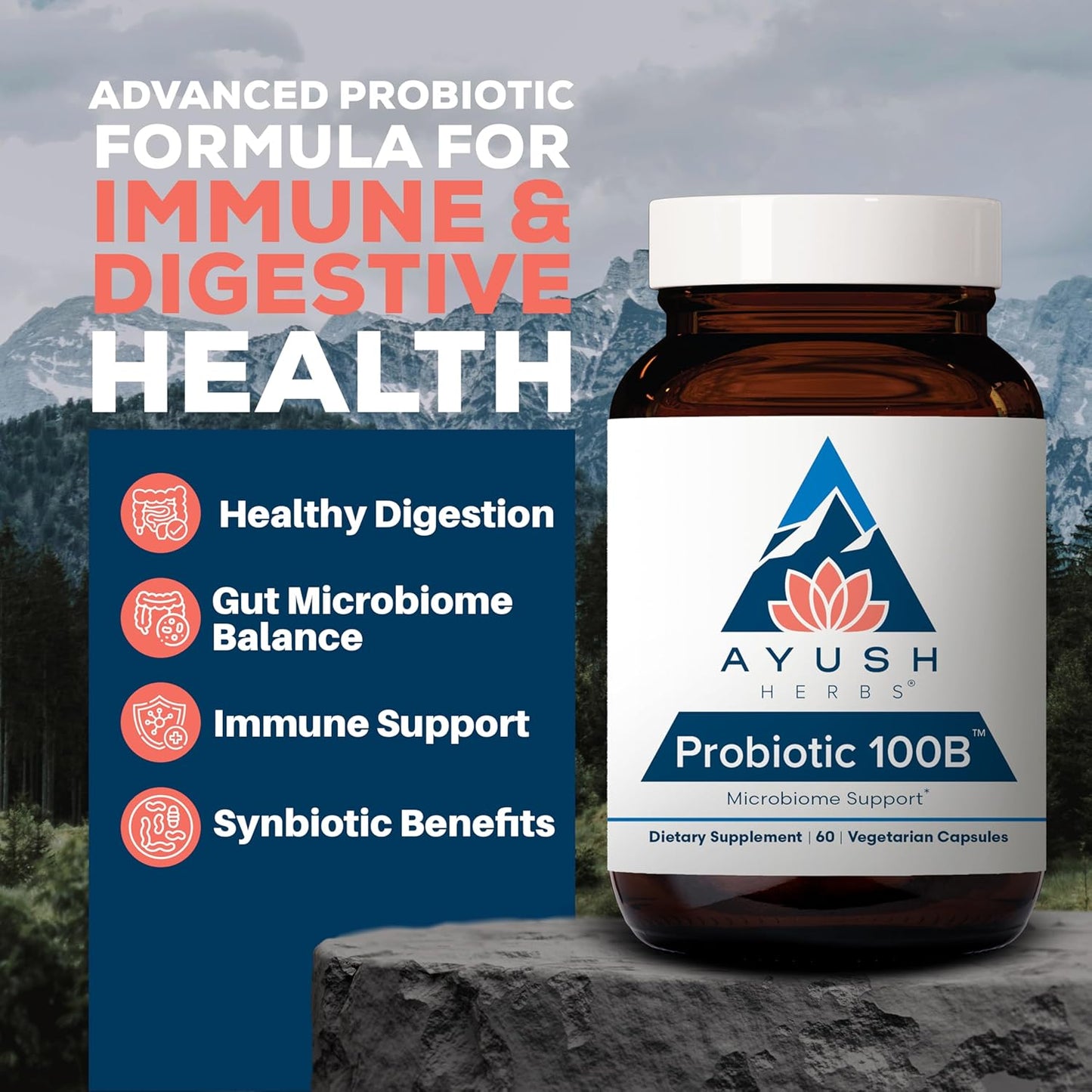 Ayush Herbs Probiotic 100B - Probiotics for Women, Probiotics for Men, Prebiotics and Probiotics for Digestive Health, Gas Relief, Gut Microbiome Balance - 60 Vegetarian Capsules (1 Count) Nirvana Guru