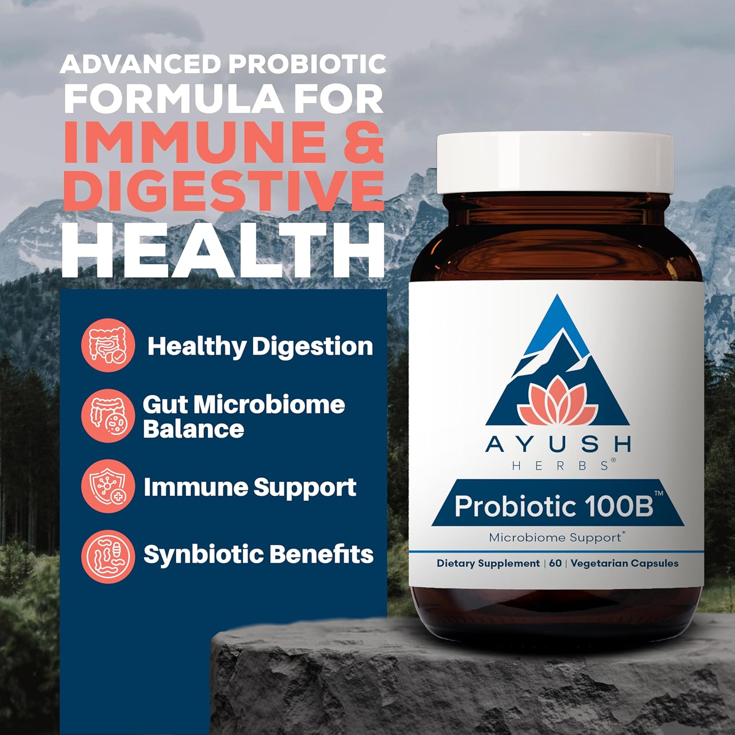 Ayush Herbs Probiotic 100B - Probiotics for Women, Probiotics for Men, Prebiotics and Probiotics for Digestive Health, Gas Relief, Gut Microbiome Balance - 60 Vegetarian Capsules (1 Count) Nirvana Guru