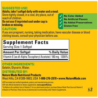 Nature Made Vitamin E 180 mg (400 IU) dl-Alpha, Dietary Supplement for Antioxidant Support, 300 Softgels, 300 Day Supply - Nirvana Guru