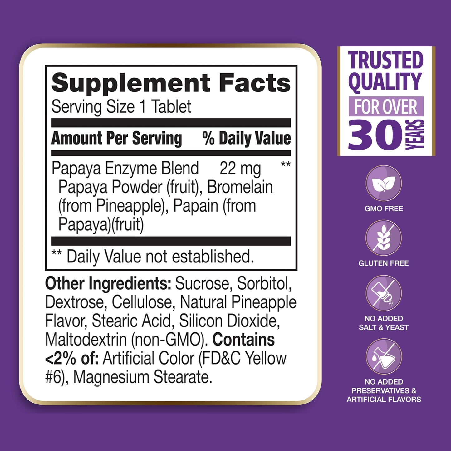 21st Century Papaya Enzyme Chewable (100 Count), Papaya & Pineapple Digestive Enzymes for Gut Health, Tropical Flavor, Non-GMO, Gluten-Free, No Added Salt, Yeast, Artificial Flavors