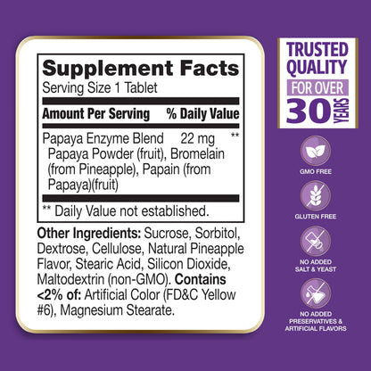 21st Century Papaya Enzyme Chewable (100 Count), Papaya & Pineapple Digestive Enzymes for Gut Health, Tropical Flavor, Non-GMO, Gluten-Free, No Added Salt, Yeast, Artificial Flavors
