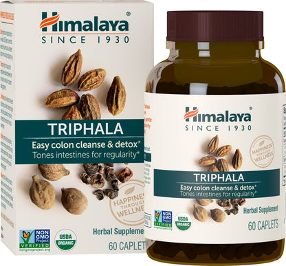 Himalaya Organic Triphala, 2 Month Supply, for Colon Cleanse, Detox & Occasional Constipation, USDA Certified Organic, Non-GMO, Gluten-Free, Extract & Powder Herbal Supplement, 688 mg, 60 Caplets - Nirvana Guru