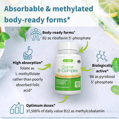 Igennus Super B-Complex Methylated B-Vitamins, Sustained Release, Clean Label, High Strength, with Methylfolate & B12 Methylcobalamin, Vegan, Lab Verified, 60 Small Tablets Nirvana Guru