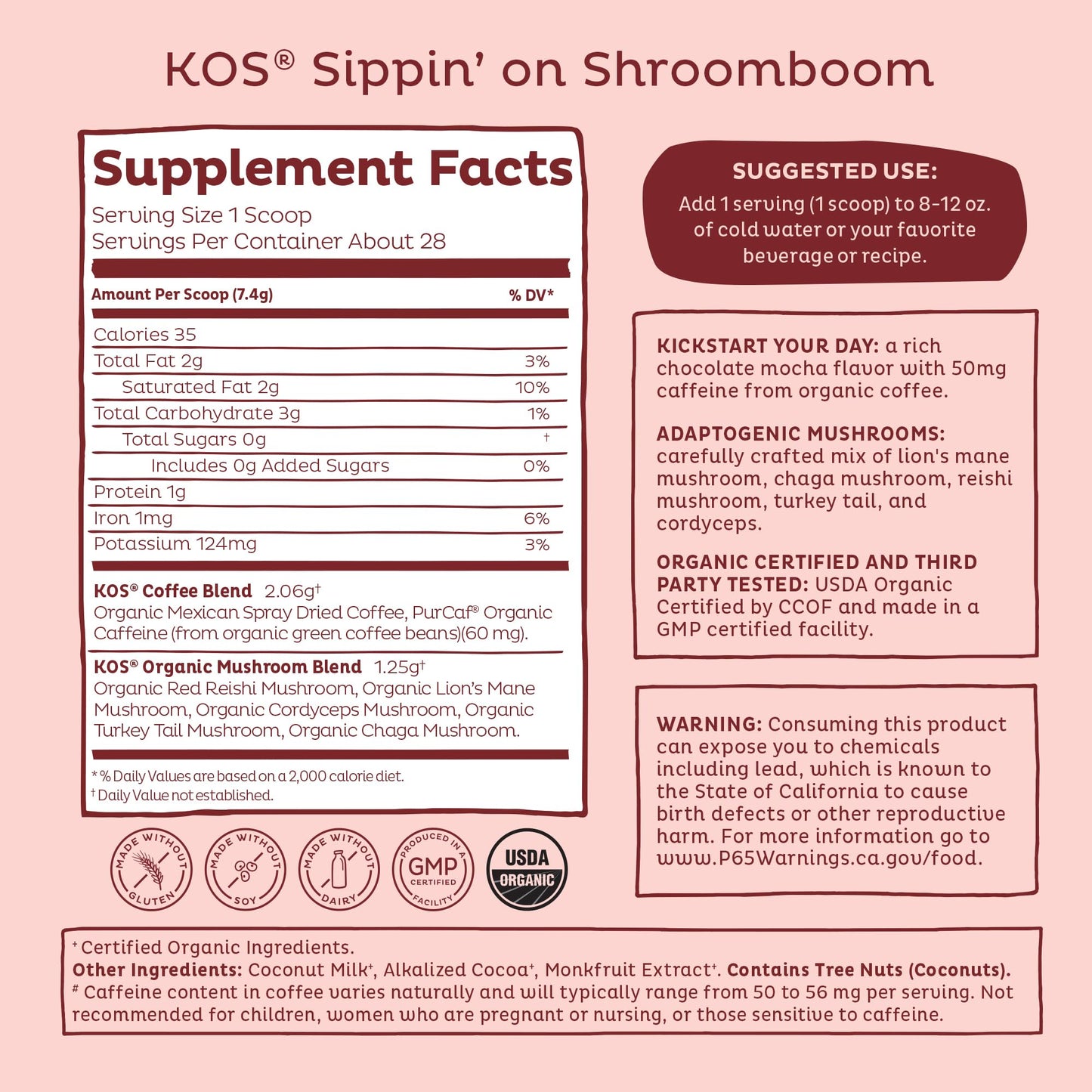 KOS Mushroom Coffee - USDA Certified Organic - Dark Chocolate Mocha Flavor - Mushroom Coffee Latte Powder with Reishi, Cordyceps, Lion's Mane, Chaga & Turkey Tail Mushrooms - Nirvana Guru