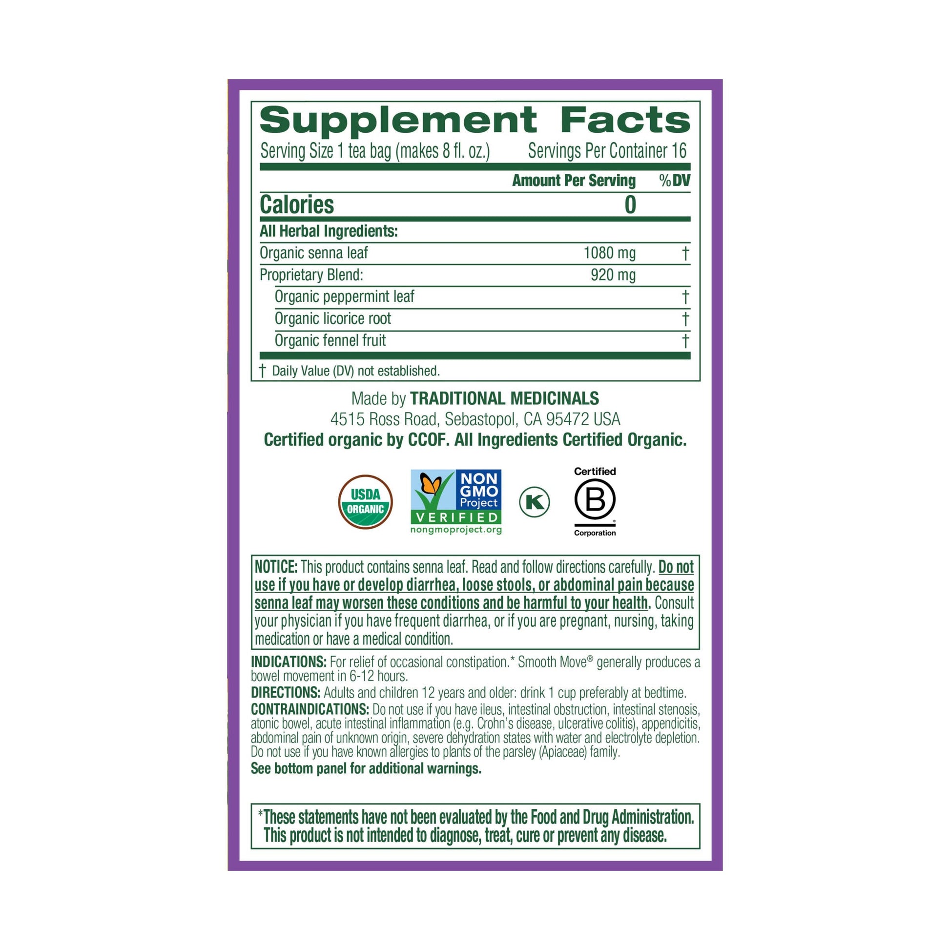 Traditional Medicinals Tea, Organic Smooth Move Peppermint, Relieves Occasional Constipation, Senna, 16 Tea Bags - Nirvana Guru