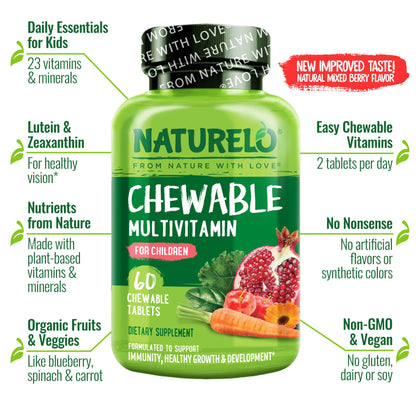 NATURELO Chewable Vitamin for Kids – Multivitamin with Whole Food Organic Fruit Blend - 60 Tablets for Children - Nirvana Guru