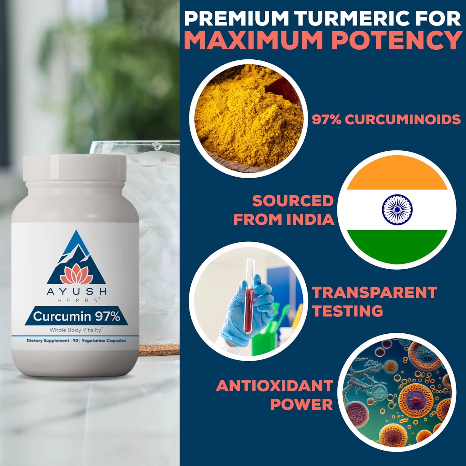 Ayush Herbs Curcumin 97% - Curcumin Supplements, Premium Turmeric Root Supplement, Curcuminoids for Women & Men, Adults, Premium Joint Support, Strength & Vitality - 90 Vegetarian Capsules (1 Count) Nirvana Guru