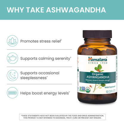 Himalaya Organic Ashwagandha, 120 Day Supply, Herbal Supplement for Stress Relief, Energy, Occasional Sleeplessness, Excipient Free, Organic, Non-GMO, Vegan, Gluten Free, 670 mg, 60 Caplets, 2 Pack - Nirvana Guru