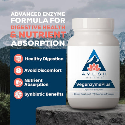 Ayush Herbs VegenzymePlus - Digestive Enzymes for Women & Men, Enzymes for Digestion with Bromelain, Lipase, Lactase, Protease, 100% Vegetarian Gut Health Supplement - 60 Capsules (1 Count) Nirvana Guru