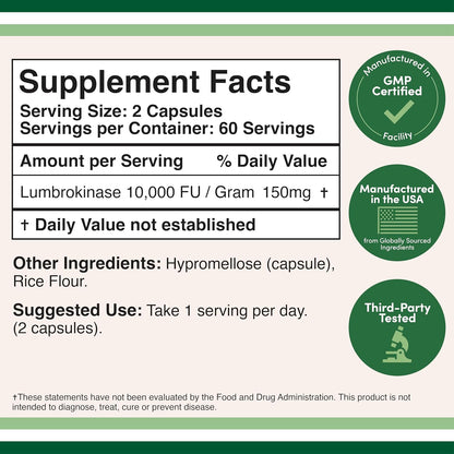 Lumbrokinase Enzymes Supplement - 120 Capsules (Max Activity 10,000 FU/Gram) 150mg per Serving (No Fillers, Non-GMO, Gluten Free) for Cardiovascular and Blood Circulation Support by Double Wood Nirvana Guru