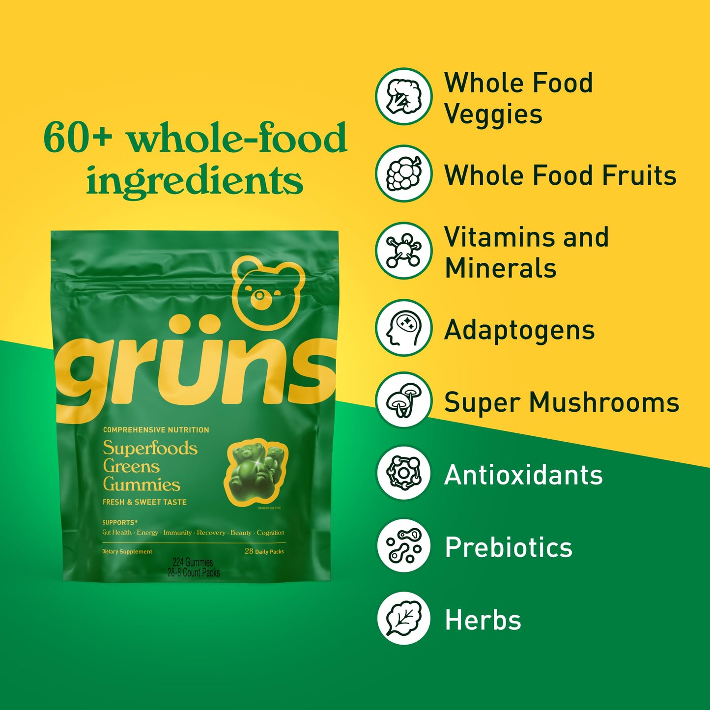 Gruns Adults Super Greens Gummies, Multivitamin Superfood Gummy Bears with Spirulina, Chlorella, Prebiotics & Fiber for Digestive Health, Adaptogens Supplement with 20 Vitamins & Minerals, 28 Count