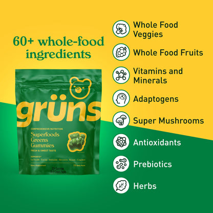 Gruns Adults Super Greens Gummies, Multivitamin Superfood Gummy Bears with Spirulina, Chlorella, Prebiotics & Fiber for Digestive Health, Adaptogens Supplement with 20 Vitamins & Minerals, 28 Count