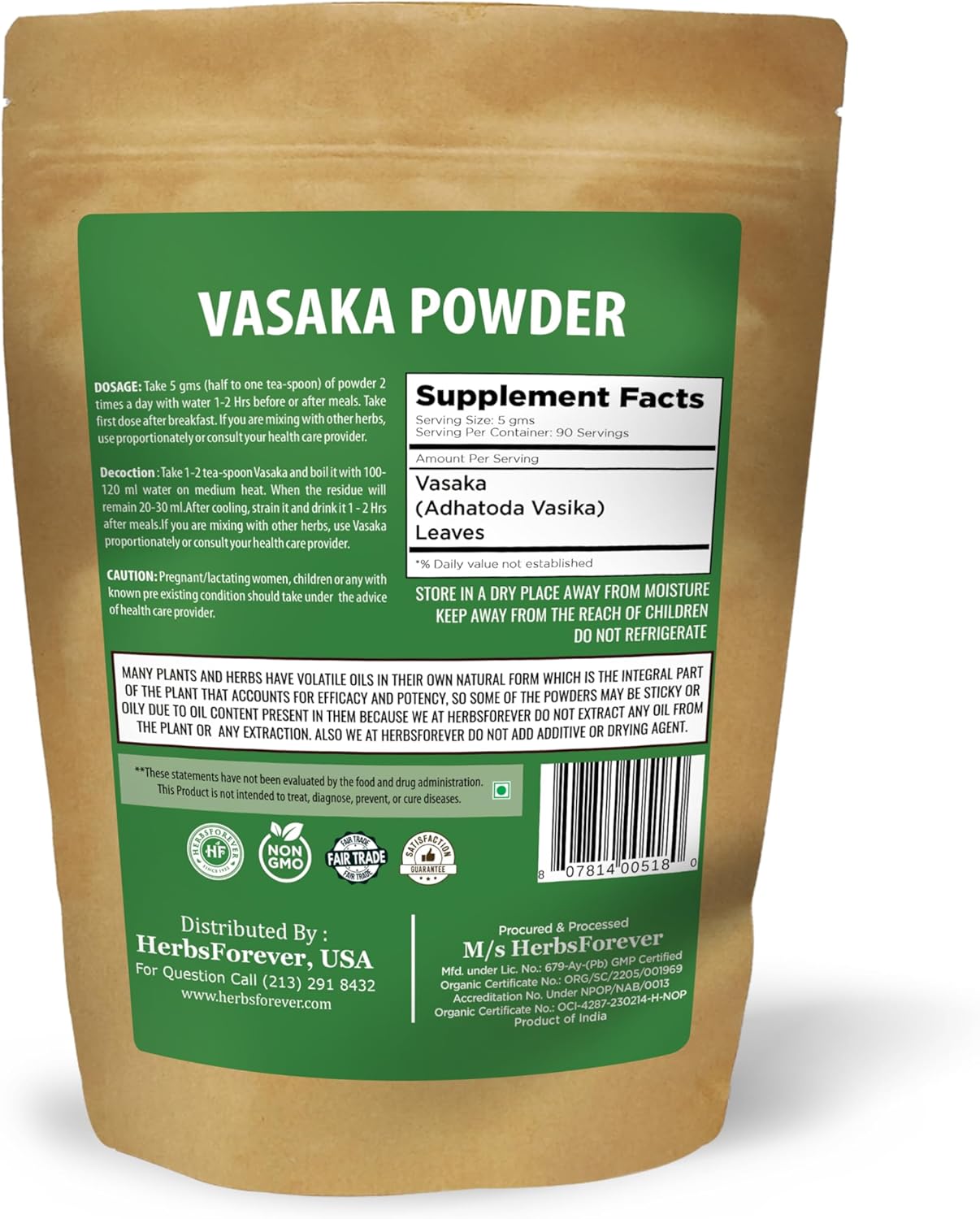 Vasaka Powder | Justicia Adhatoda | Supports Respiratory Health & Wellness | Herbal Supplement | Non-GMO, Vegan | 454g (1 lb) | Traditional Ayurveda Nirvana Guru