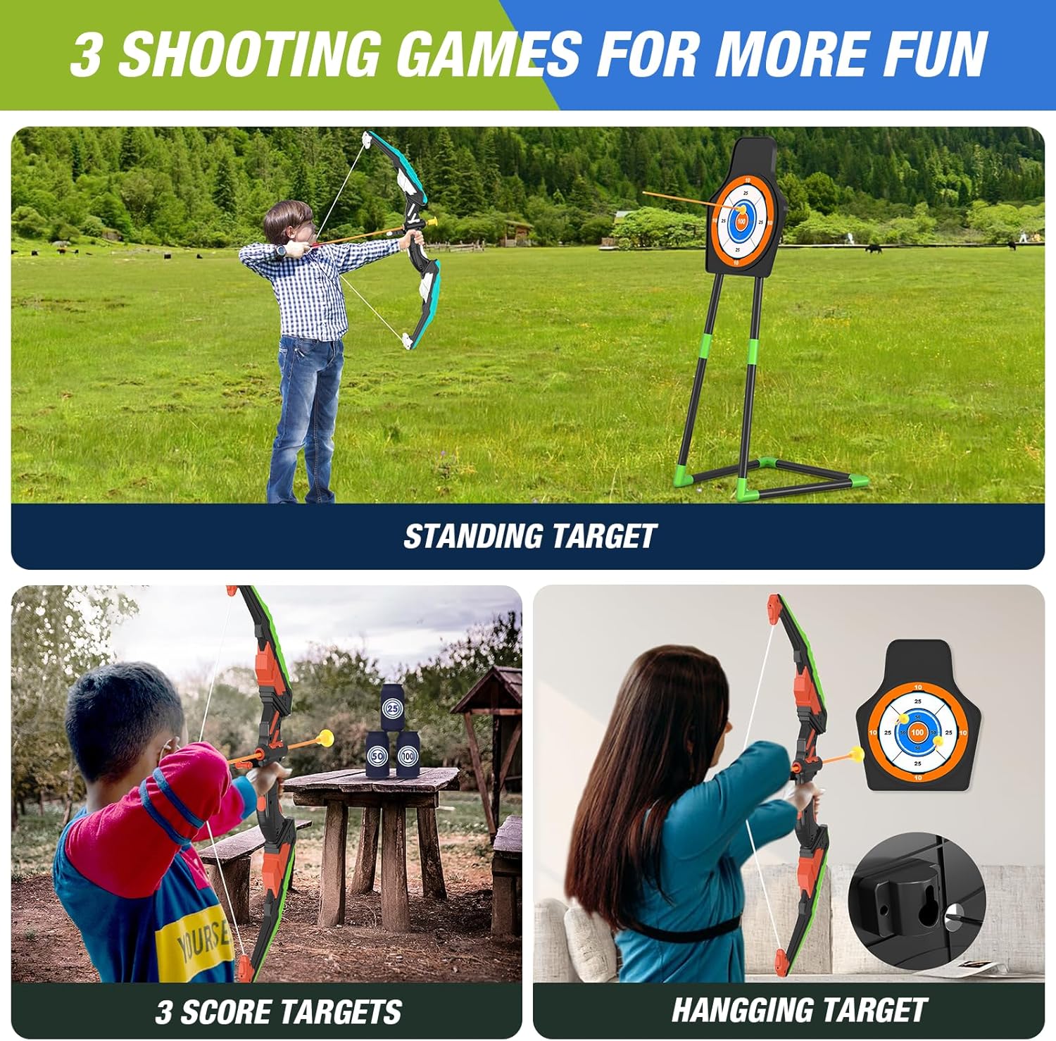 2 Pack Bow and Arrow for Kids, LED Light Up Archery Set with 24 Suction Cup Arrows, 1 Standing Target, 6 Score Targets & 2 Quiver, Indoor Outdoor Sport Gifts for Boys Girls Ages 4-8 Nirvana Guru
