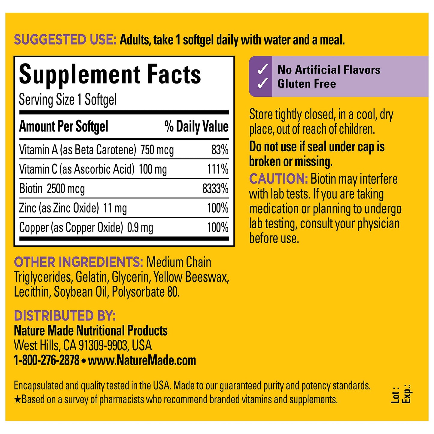Nature Made Hair Skin and Nails with Biotin 2500 mcg, Dietary Supplement For Healthy Hair Skin and Nails Support, 120 Softgels, 120 Day Supply - Nirvana Guru