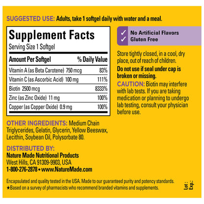 Nature Made Hair Skin and Nails with Biotin 2500 mcg, Dietary Supplement For Healthy Hair Skin and Nails Support, 120 Softgels, 120 Day Supply - Nirvana Guru