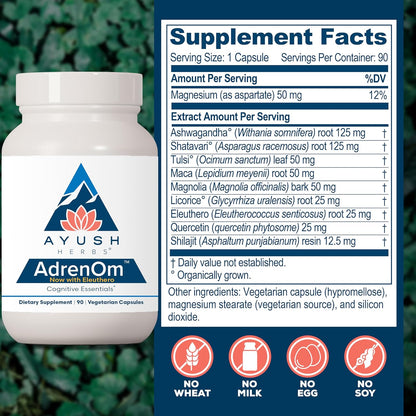 Ayush Herbs AdrenOm - Ayurvedic Adrenal and Stress-Support Supplement for Women & Men, Ashwagandha & Eleuthero to Support Adrenal Balance, Cognitive Function & Calm - 90 Vegetarian Capsules (1 Count) Nirvana Guru