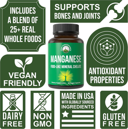 Manganese Supplement Food Like Mineral Chelated For Superior Absorption With Whole Food Blend Of 25+ Fruits & Vegetables. Pure Trace Mineral Capsules For Connective Tissue, Bone Health, Enzyme Support Nirvana Guru