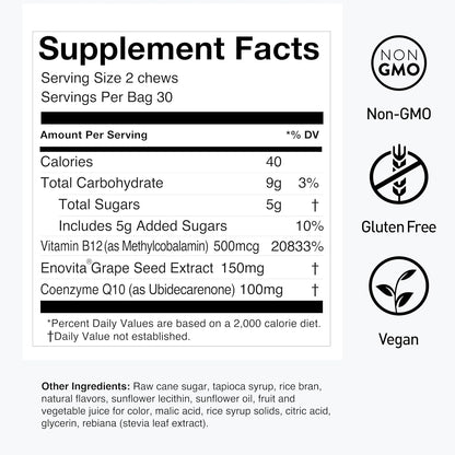 humanN SuperGrapes Chews Supplement – with 100mg CoQ10 and Grape Seed Extract – from The Makers of SuperBeets - Grape Flavor Chew, 60 Count - Nirvana Guru