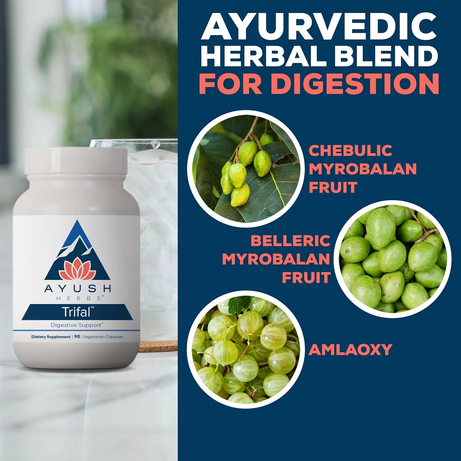 Ayush Herbs Trifal Digestive Support with Amla - Triphala Supplement for Women & Men, Promotes Balanced Digestion, Antioxidant Rich, Made with Organic Ingredients - 90 Vegetarian Capsules (1 Count) Nirvana Guru