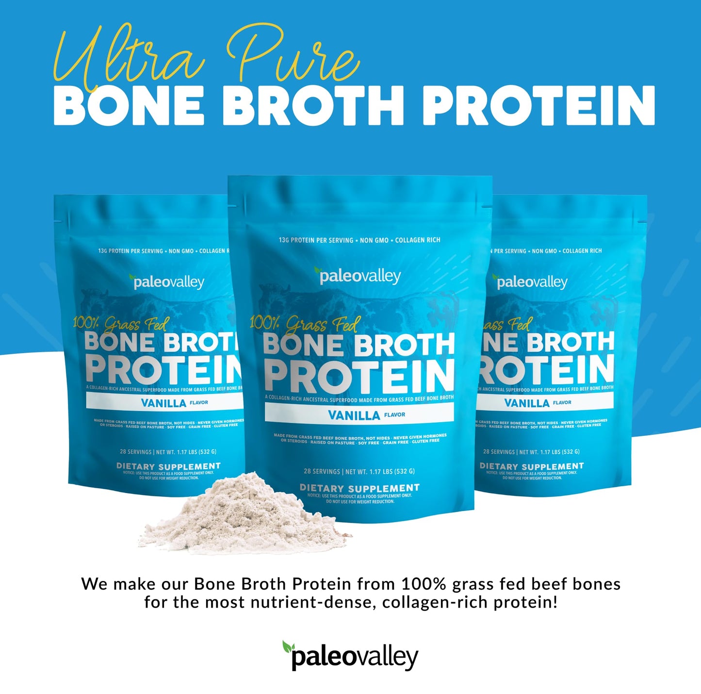 Paleovalley 100% Grass Fed Beef Bone Broth Protein Powder - Rich in Collagen Peptides for Hair, Skin, Gut Health, Bone and Joint Support - 28 Servings, 15g Protein Per Serving - No Gluten or GMOs - Nirvana Guru