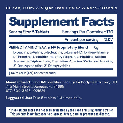 BodyHealth PerfectAmino Tablets (150 ct), Essential Amino Acid with BCAAs + Lysine, Phenylalanine, Threonine, Methionine, Tryptophan, Supplement for Muscle Mass Production, Recovery & Strength - Nirvana Guru