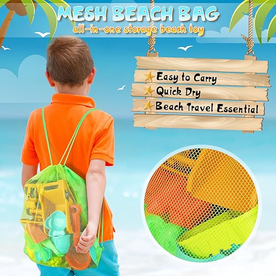 Beach Sand Toys for Kids, 29PCS Sandbox Toys with 2 Collapsible Bucket Sand, 2 Dump Truck, Dinosaur Molds, Castle Building Kit, Shovel Sieve,Flags,Mesh Bag Travel Beach Toys for Toddler 3-10 nirvanaguru