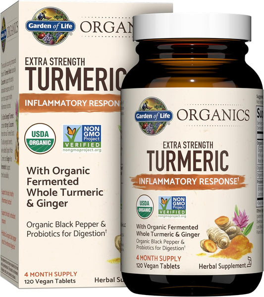 Garden of Life Organics Extra Strength Turmeric Inflammatory Response 120 Tablets-100Mg Curcumin (95% Curcuminoids) Black Pepper, Probiotics, Organic Non-GMO Vegan Gluten Free Herbal Supplement - Nirvana Guru