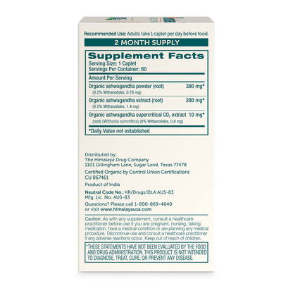 Himalaya Organic Ashwagandha, 120 Day Supply, Herbal Supplement for Stress Relief, Energy, Occasional Sleeplessness, Excipient Free, Organic, Non-GMO, Vegan, Gluten Free, 670 mg, 60 Caplets, 2 Pack - Nirvana Guru