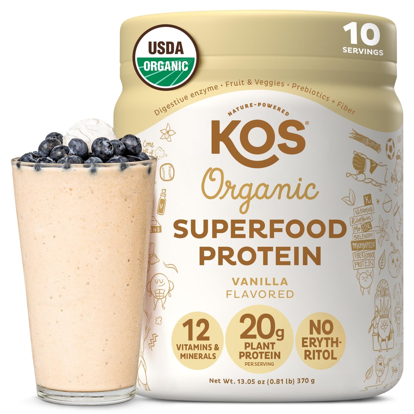 KOS Vegan Protein Powder Erythritol Free, Vanilla USDA Organic - Pea Protein Blend, Plant Based Superfood Rich in Vitamins & Minerals - Keto, Dairy Free - Meal Replacement for Women & Men, 28 Servings - Nirvana Guru