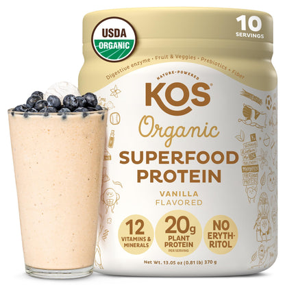 KOS Vegan Protein Powder Erythritol Free, Vanilla USDA Organic - Pea Protein Blend, Plant Based Superfood Rich in Vitamins & Minerals - Keto, Dairy Free - Meal Replacement for Women & Men, 28 Servings - Nirvana Guru
