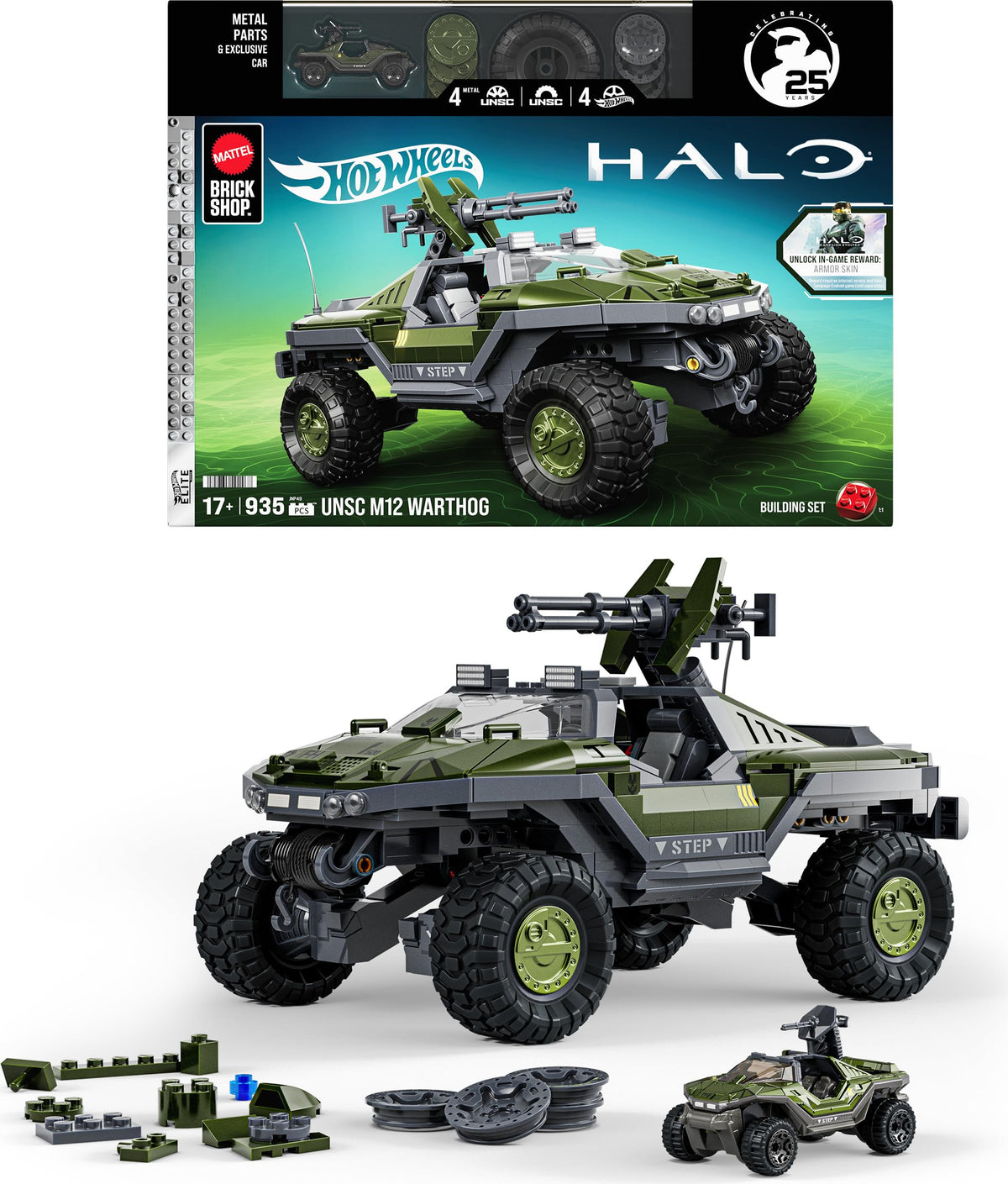 Mattel Brick Shop Hot Wheels Elite Series Halo Building Set, UNSC M12 Warthog with 935 Pieces, Realistic Details and Custom Decals, Adult Collectors