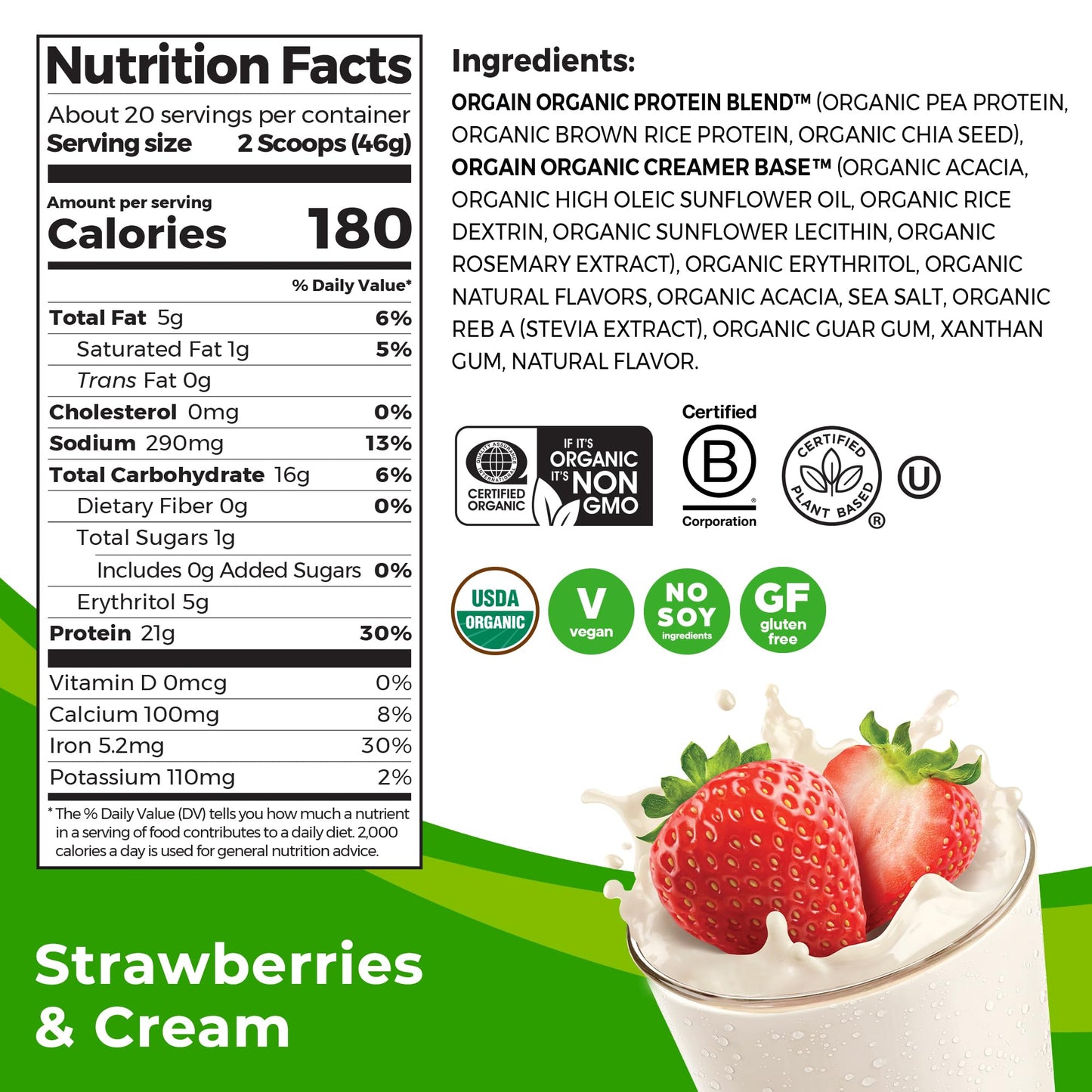Orgain Organic Vegan Protein Powder, Vanilla Bean - 21g Plant Protein, 4g Prebiotic Fiber, No Lactose Ingredients, No Added Sugar, Non-GMO, For Shakes & Smoothies, 2.03 lb (Packaging May Vary)