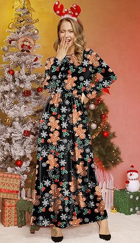 For G and PL Women's Ugly Christmas Maxi Dress Long Sleeve Graphic Outfit with Pockets nirvanaguru