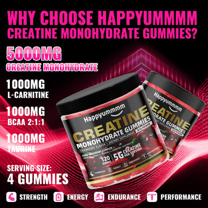 Creatine Monohydrate Gummies 5000mg for Men & Women, Chewables Creatine Monohydrate for Muscle Strength, Muscle Builder, Energy Boost, Pre-Workout Supplement(90 Count)-Strawberry.