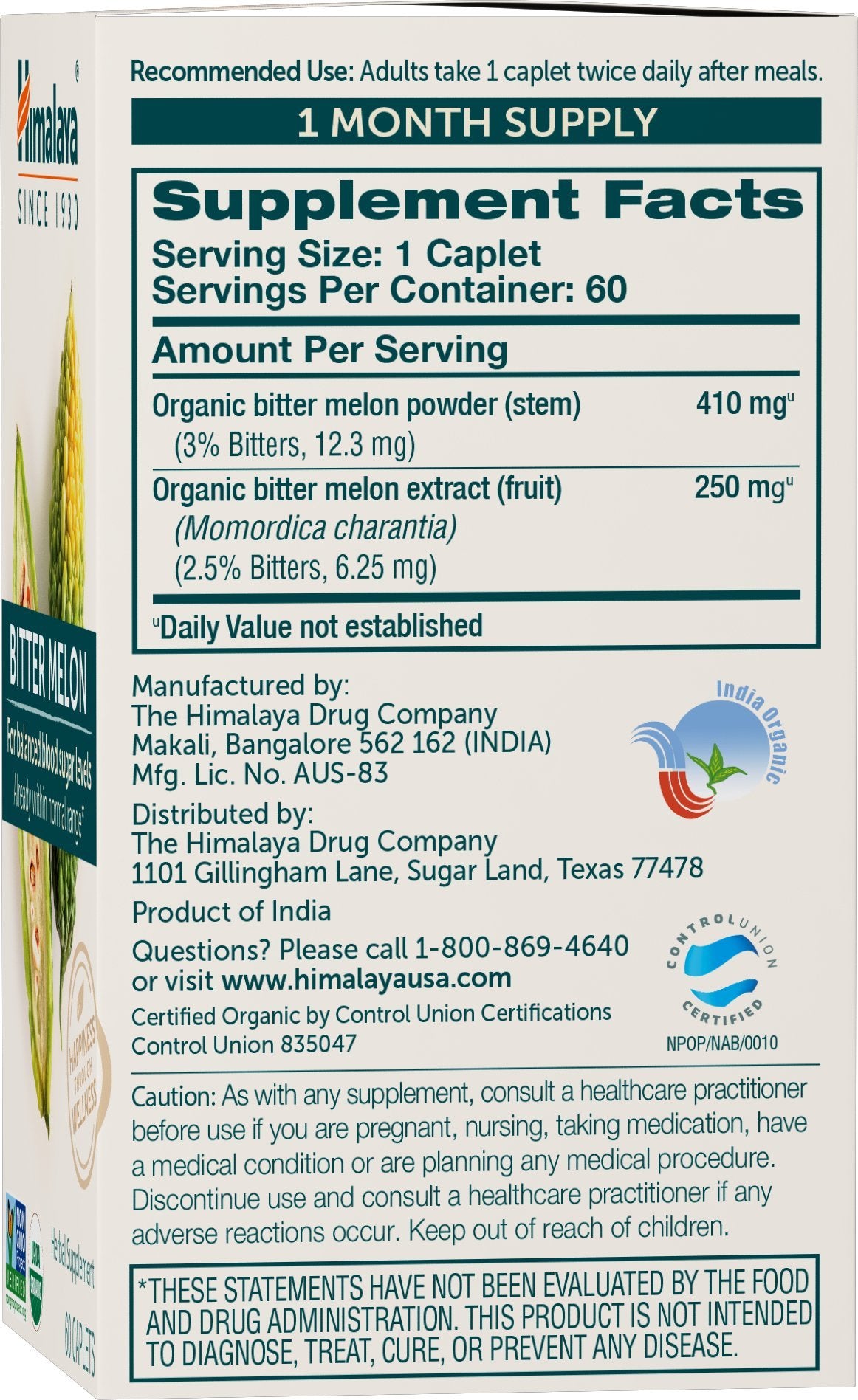 Himalaya Organic Bitter Melon for Glucose Metabolism, 660 mg, 60 Caplets, 1 Month Supply - Nirvana Guru