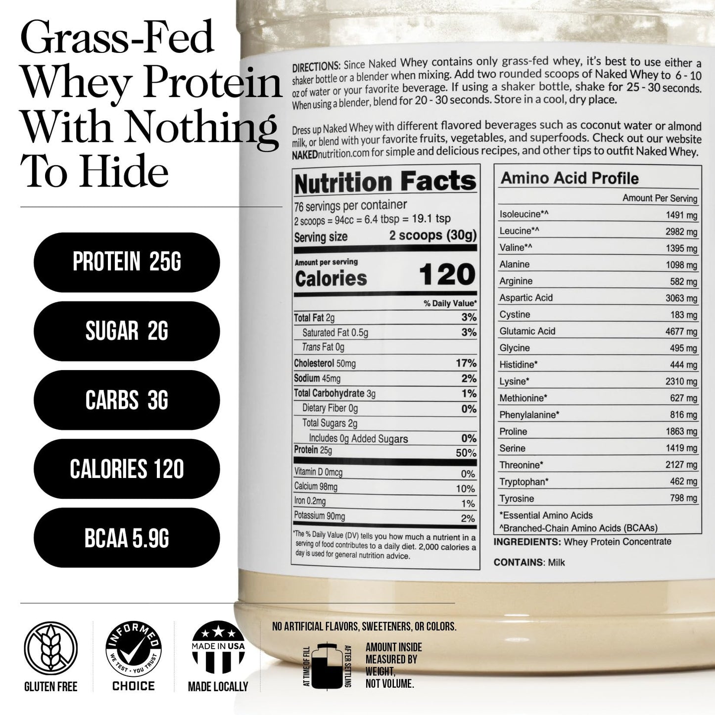 NAKED Whey Vanilla Protein Powder - Only 3 Ingredients - Grass Fed Whey Protein Powder, Vanilla Flavor, and Organic Coconut Sugar, No GMO, No Soy, and Gluten Free - 24 Servings