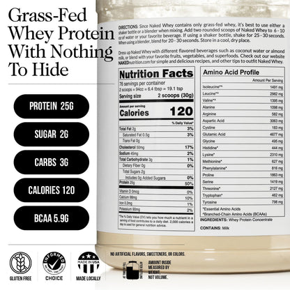 NAKED Whey Vanilla Protein Powder - Only 3 Ingredients - Grass Fed Whey Protein Powder, Vanilla Flavor, and Organic Coconut Sugar, No GMO, No Soy, and Gluten Free - 24 Servings