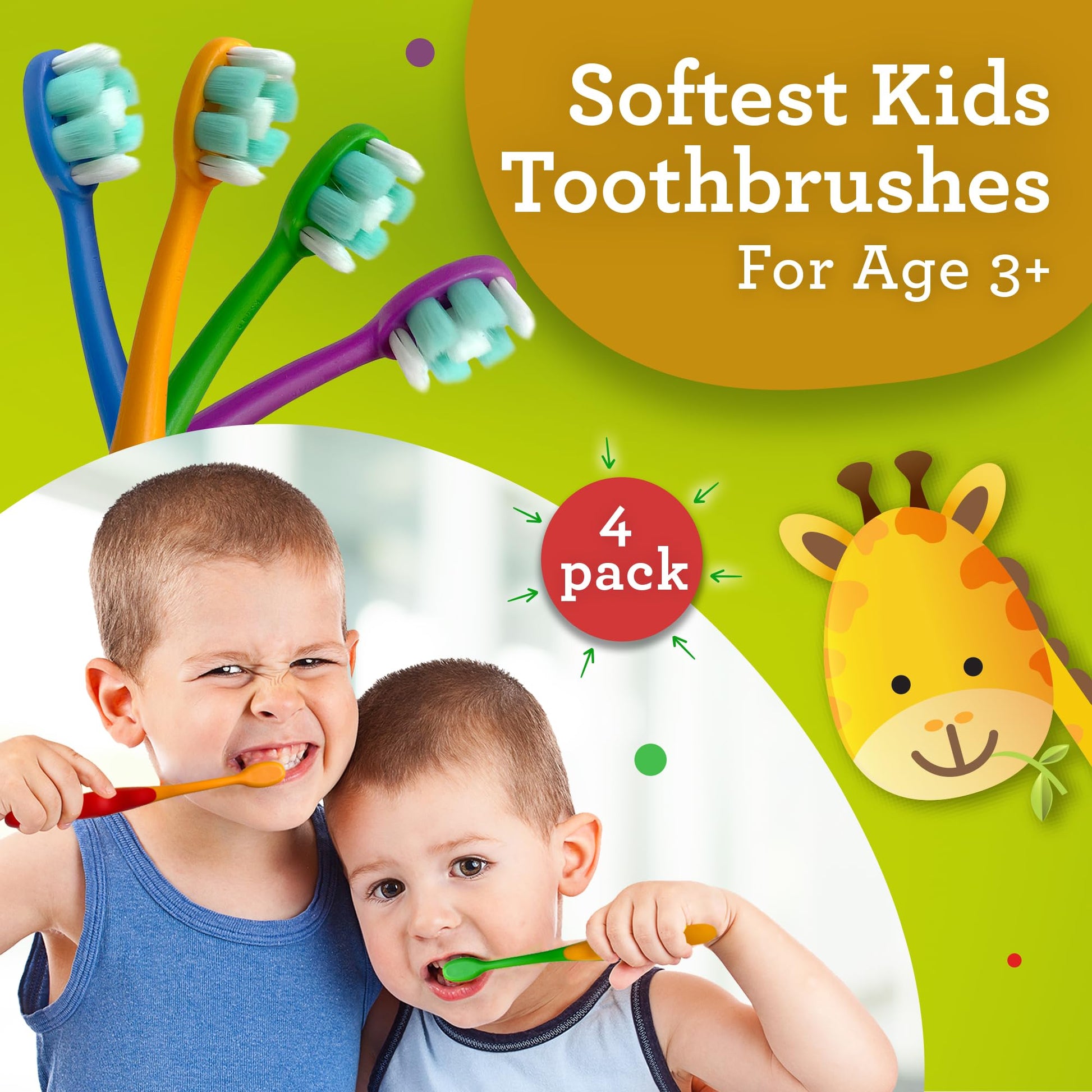 GuruNanda Kids Toothbrush with Suction Cup & Fun Animal Designs - Soft Bristles for Healthy Gums- Non-Slippery & Mess-Free Toothbrush, 3+ Age- 4 Count Nirvana Guru