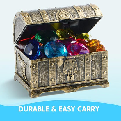 Sloosh Diving Gems Pool Toys, 16 Big Colorful Diamond with Pirate Treasure Chest,Swim Dive Toy for Kids Underwater Gemstone Swimming Training Gift Water Pool Games(Gold) nirvanaguru