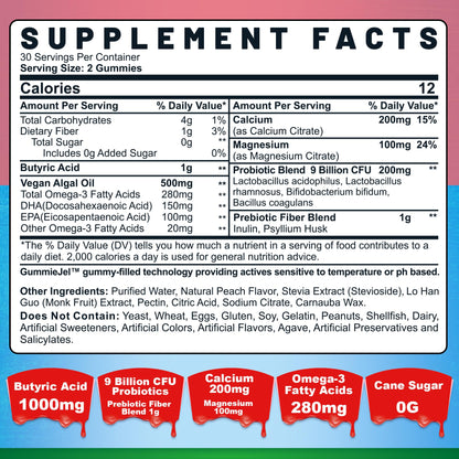 Butyrate Gummies with Probiotic + Prebiotic + Postbiotic, Omega-3 500mg,Fiber with 9 Billion CFU Probiotics, Calcium & Magnesium, Inulin,Psyllium Husk for Digestive Health,Bloating Support,Sugar Free Nirvana Guru