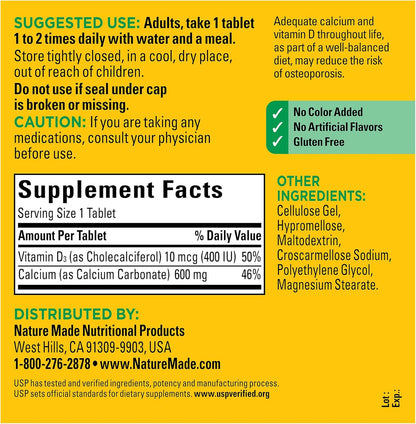 Nature Made Calcium 600 mg with Vitamin D3, Dietary Supplement for Bone Support, 220 Tablets (pack of 1) - Nirvana Guru
