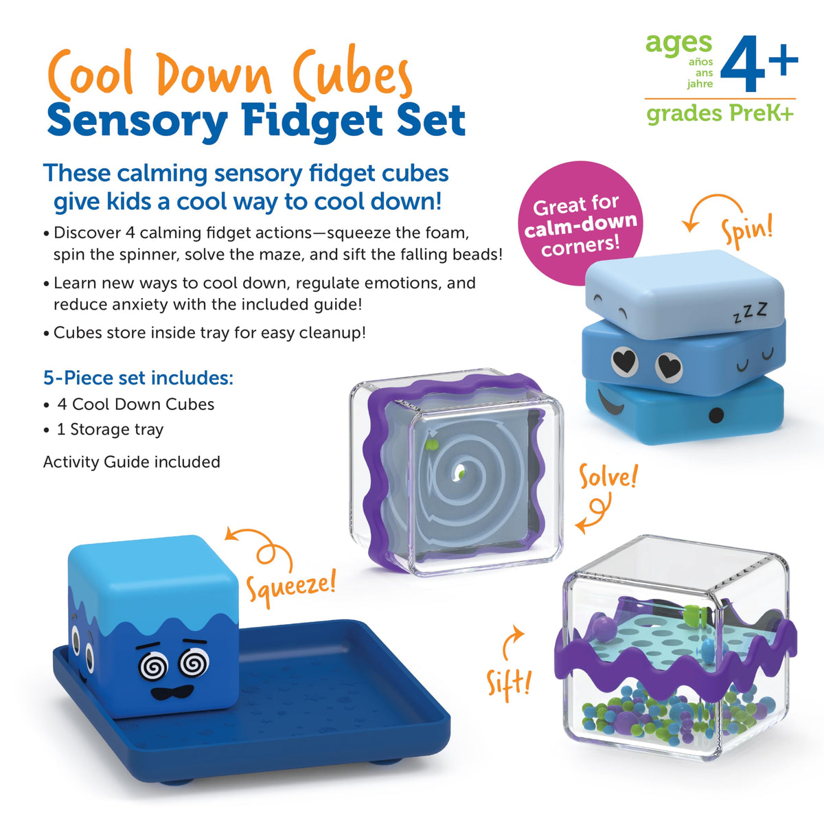 Learning Resources Cool Down Cubes Sensory Fidget Toys - Quiet Fidgets for Kids, Toddlers, and Adults - Calming Corner Items for Classroom or Home, Small Tactile Tools for Play, Focus, and Travel